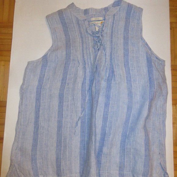 C&C California 100% Linen Blue Striped Short Sleeve Blouse Top Large - Picture 2 of 5